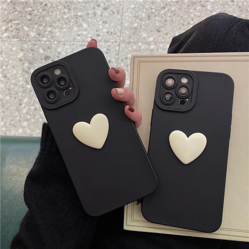 Korea Cute 3d Black Love Heart Bracelet Phone Case For Iphone 13 12 11 Pro Xs Max X Xr 7 8 Plus Se2022 Simple Soft Back Cover