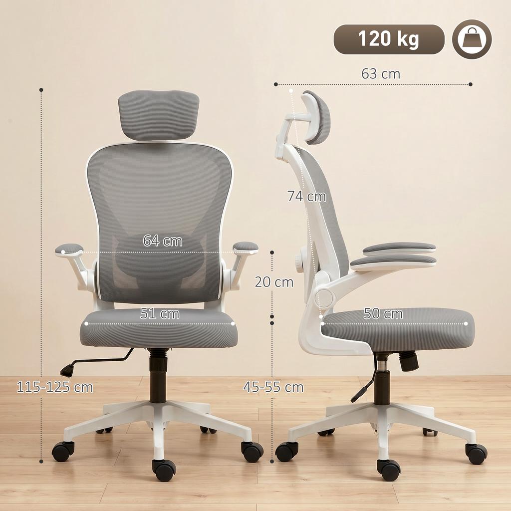 Office Chair Ergonomic Desk Chair with Flip-Up Armrests, Adjustable Lumbar Support Gray
