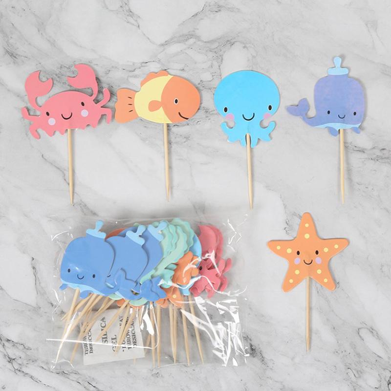 24Pcs Ocean Animal Cupcake Toppers Under The Sea Birthday Party Cake Decorations Baby Shower Girls Mermaid Themed Party Supplies