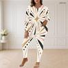 Women Plus Size Black Printed Round Neck Long Sleeve Longline Top Fitted Pants Two Piece Set