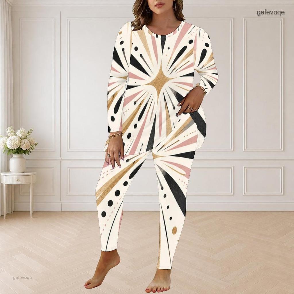 Women Plus Size Black Printed Round Neck Long Sleeve Longline Top Fitted Pants Two Piece Set