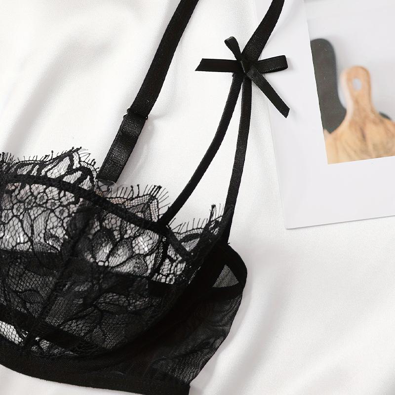 Thin mesh eyelash lace lingerie for women, a little sexy black pure see-through bra, underwear and underpants set