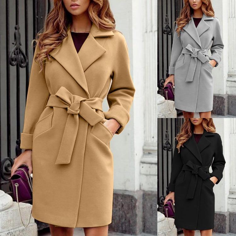 Women Long Trench Coat Autumn Winter Overcoat Casual Loose Lapel Collar Jacket Windbreaker Plus Size Solid Color Fashion Ladies Outerwear