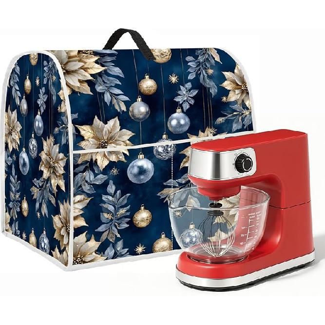 6-8 Quart Christmas Stand Mixer Cover Kitchen Dust Cover Compatible for Stand Mixer Cloth Covers with Storage Pockets (Santa Claus Spread Arms) Blue and Gold Flowers