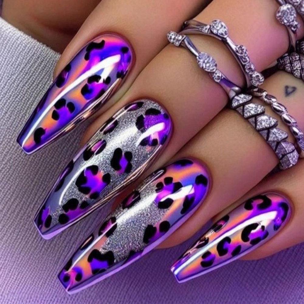 Purple Gradient Leopard Print Long Ballet Shaped Wearable False Nails