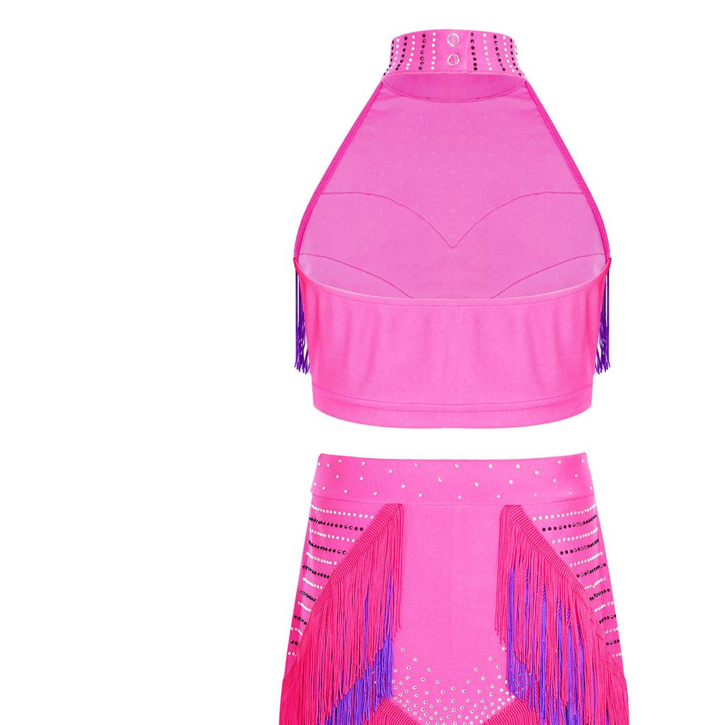 Eye-Catching Latin Dance Top with Skirt for Girls: Halter Neck Rhinestone Tassel Crop Top & Attached Briefs Skirt for Recital