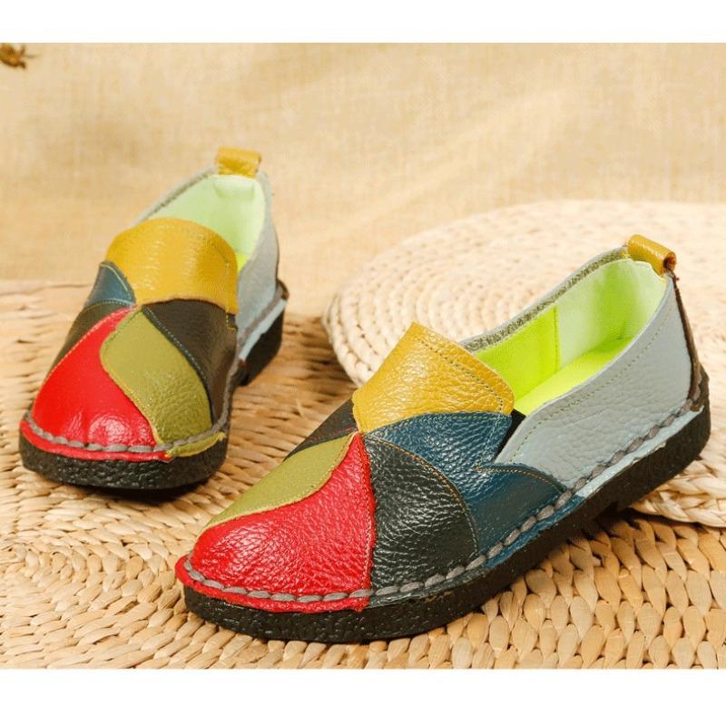 New flat-soled women's shoes leather casual color matching women's single shoes medium mother shoes