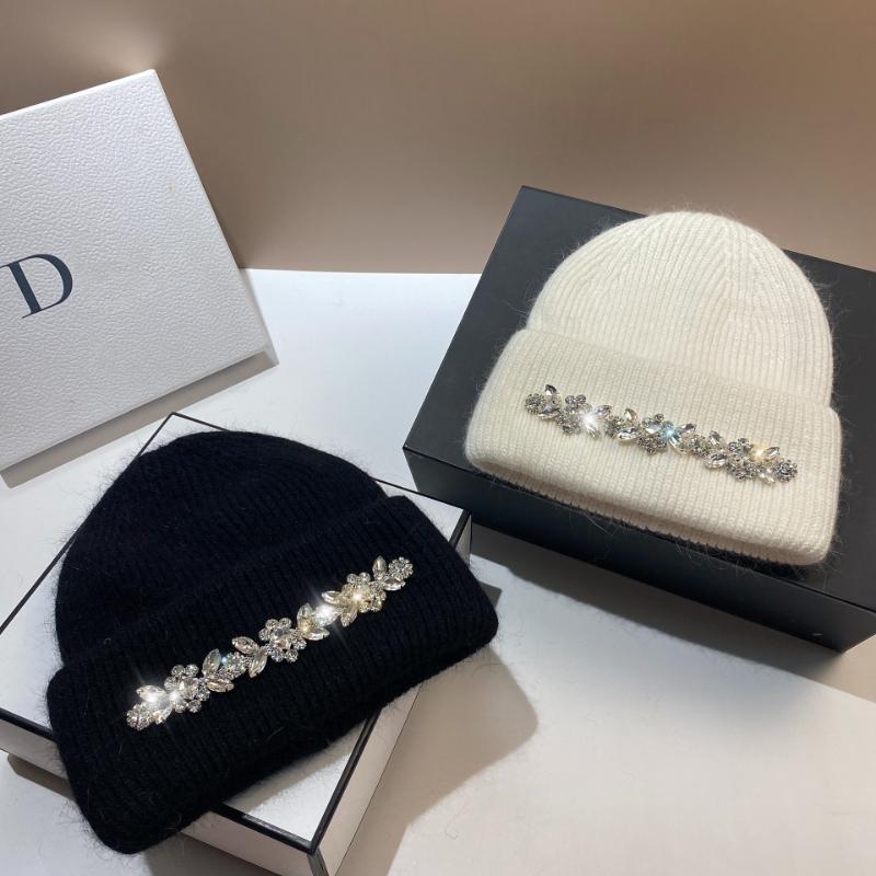 2024Mode Damen Wintermütze Echtes Kaninchenfell Gestrickte Mützen Diamanten Blume Damen Freizeit Hüte Warme Wolle Skullies Beanies