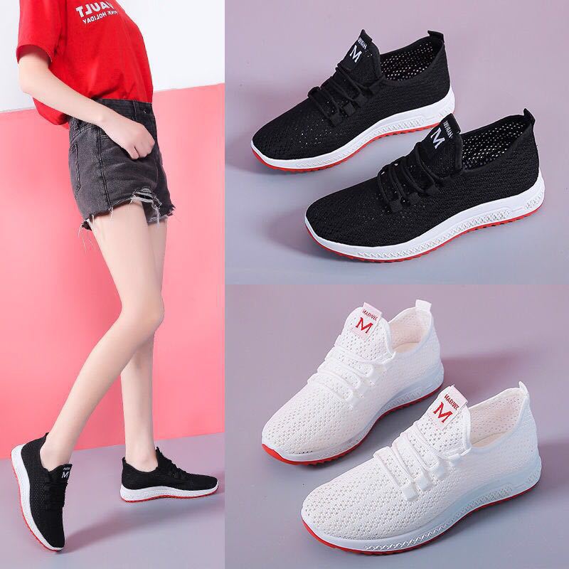 Summer Korean Mesh Comfortable Women Shoes Breathable Hollow Sports Walking Sneakers Casual Flat Ladies Solid Sport Mesh Shoes Sports Shoes