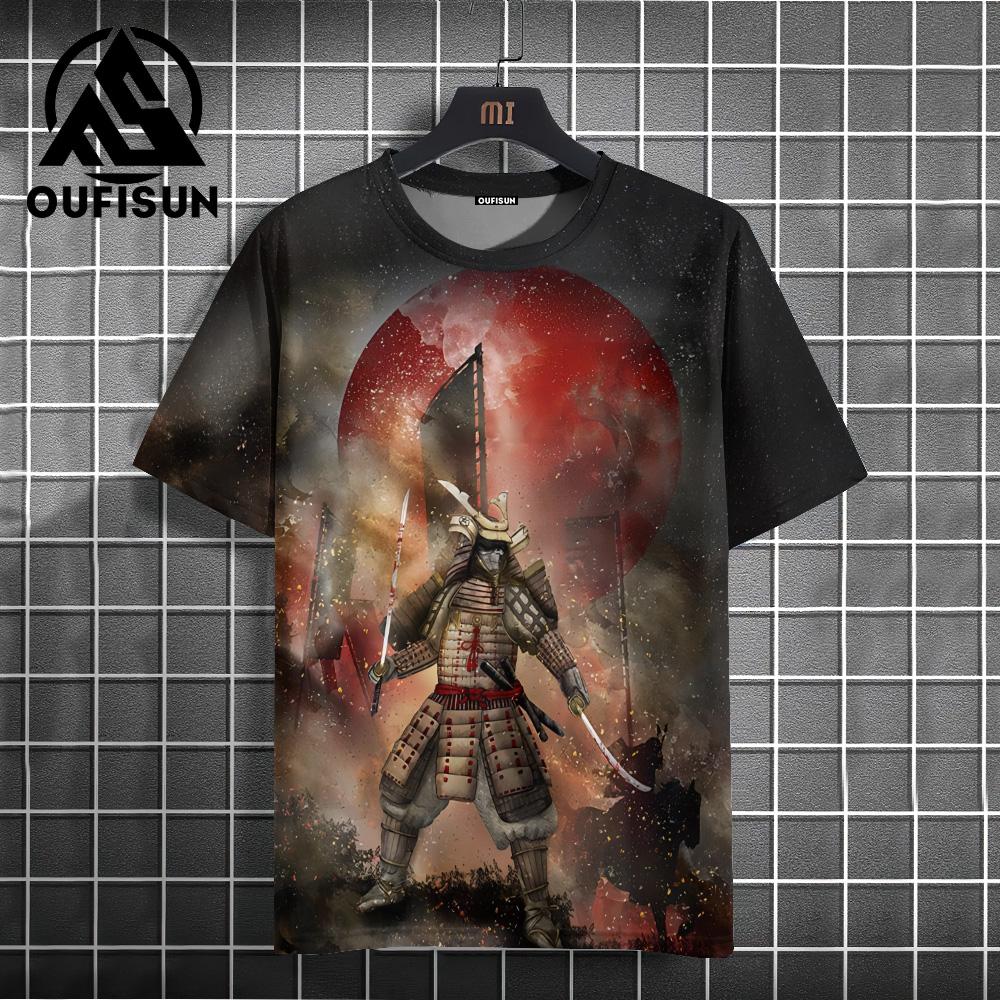 Japanese Style Men's T-Shirt Warrior Pattern Printed T-Shirts Casual Loose Short Sleeved Tees Oversized Men Clothing Tops Summer