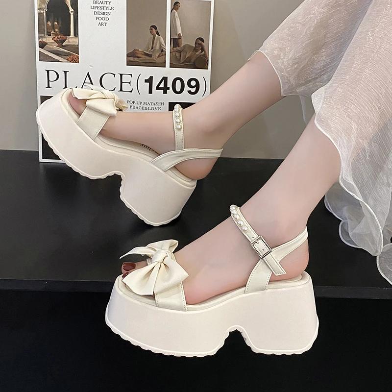 Korean Version Bowknot Margarite Thick Bottom Roman Sandals 2024 New Fashion Casual All-match Solid Color Heels Women Summertime