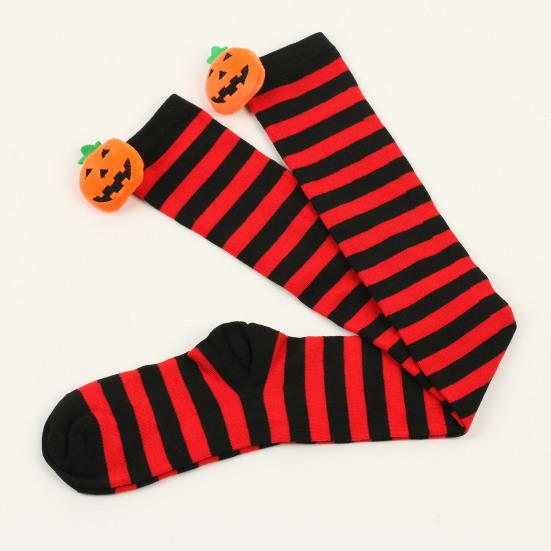 1 par de meias de Halloween acima do joelho, engraçadas, desenho animado, abóbora, listradas, contraste de cor, macias, manter aquecido, alta elasticidade, cor sólida, meias de inverno na coxa