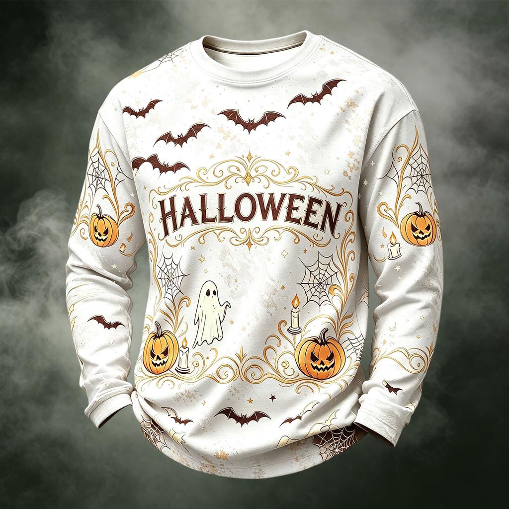 Men's Casual Knit Neck Long Sleeve Top with Halloween Print