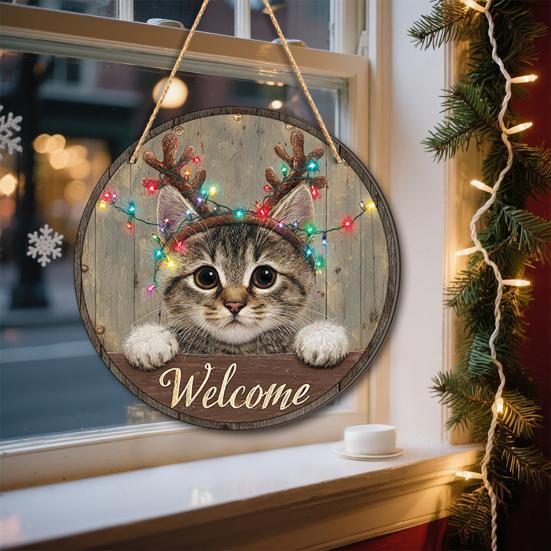 Wooden Door Sign Christmas Welcome Sign, Animal Round Hanging Decor, Cute Wall Art Farmhouse Ornament for Window Garden Holiday Decor Plaque