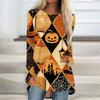 Women's Halloween Printed Long Sleeve Round Neck T-Shirt Mid-Length Casual Top