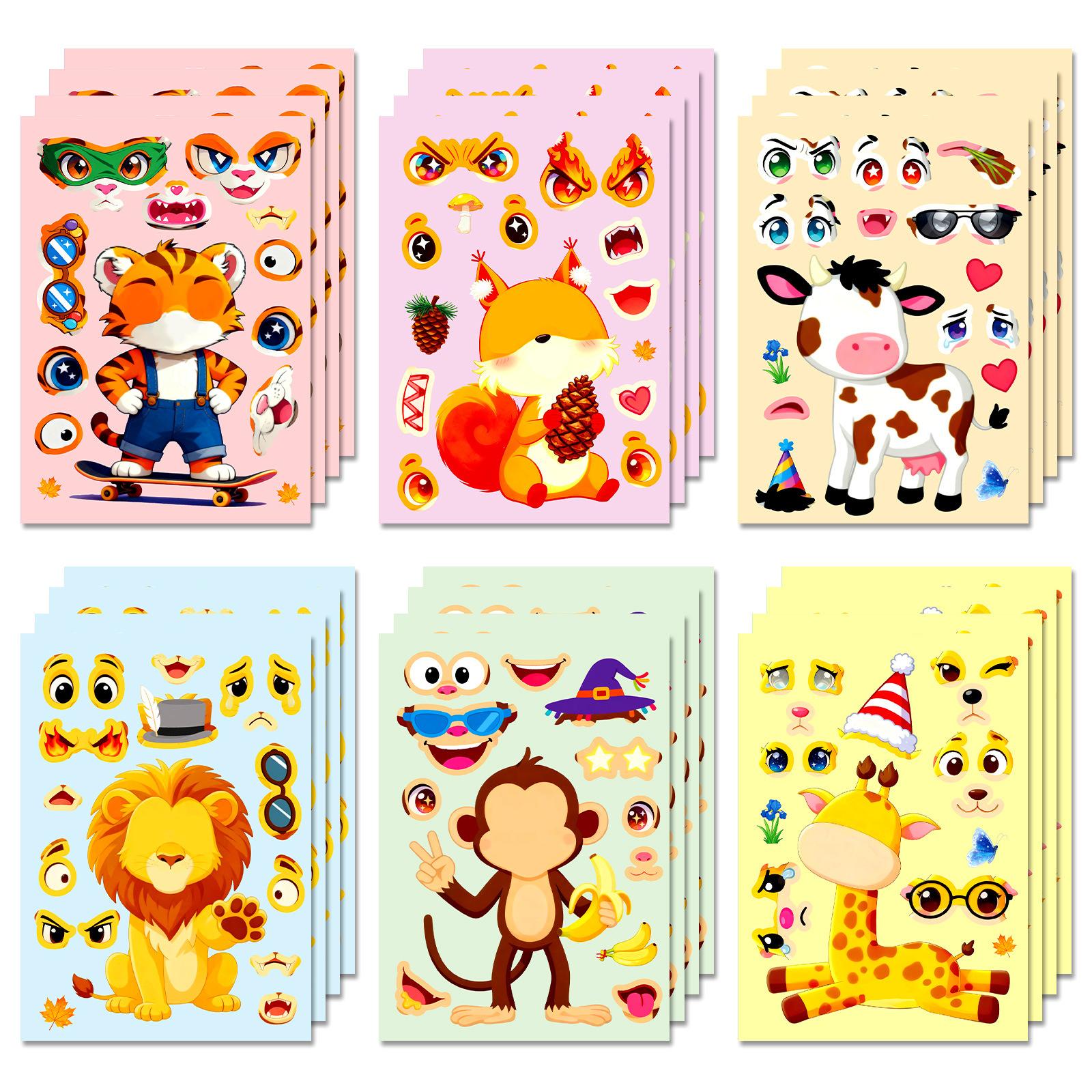 

6 Sheets/Pack Big-Eyed Animal Cartoon Puzzle Face-Changing Sticker Squirrel Giraffe Fun Handmade Collage