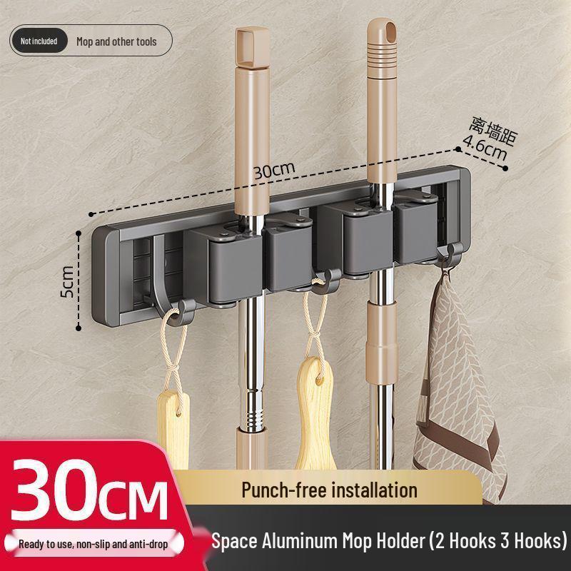 Mop & Broom Wall Mount Holder - Suction Cup Storage Rack with Hooks for Bathroom