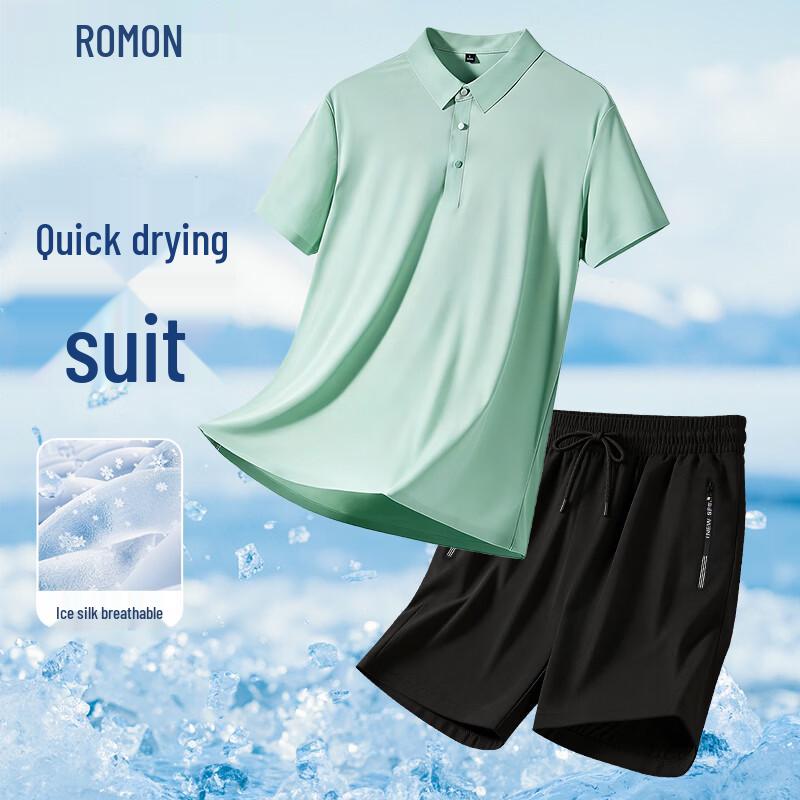 ROMON Men s 2026 Seamless Ice Silk Polo Shirt & Casual Shorts Set M