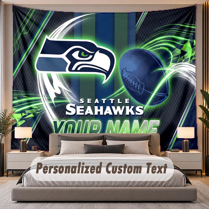Custom Name Text Tapestry Seattle Seahawks Personalized Polyester Wall Tapestry For Bedroom And Room