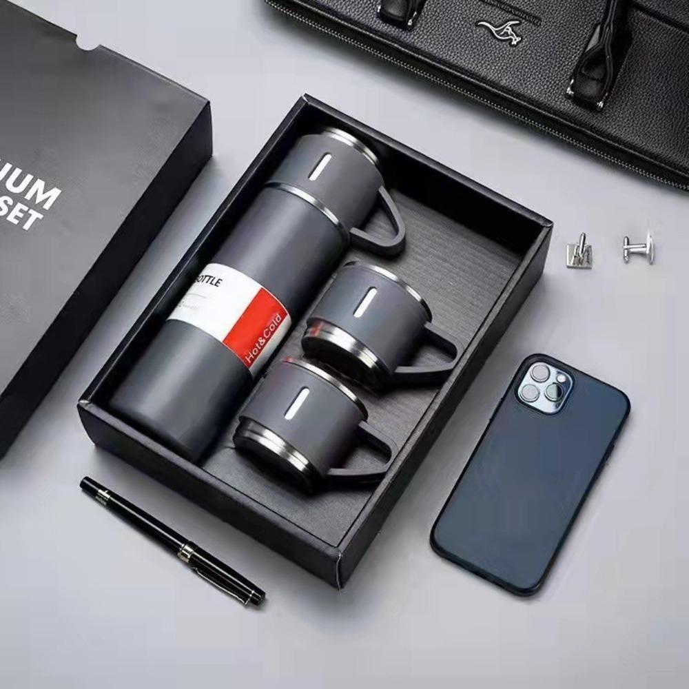 New 304 Stainless Steel Thermos Cup Set with One Cover, Multi-purpose Handle, Portable Cup, Business Office Three-piece Water Cup Set