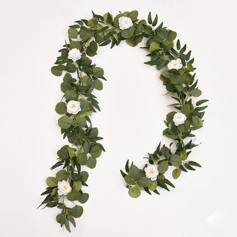 Artificial Eucalyptus Vine With Green Leaves Small Tea Roses Home Decor Wedding Party Wall Hanging