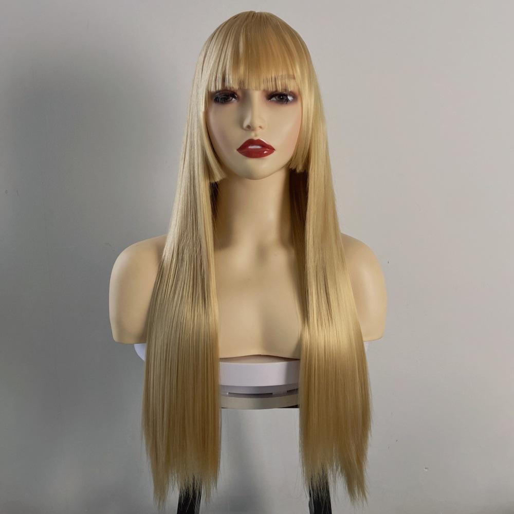 Qi Bangs Long Straight Wig Synthetic Full Head Cover Purple Hime Style Colored Hairstyle Set