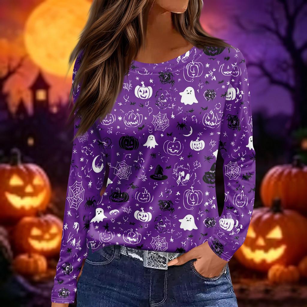 Women's Long Sleeve Halloween Print Top Split Hem Casual Pullover Round Neck Shirt Lightweight Comfortable Fit