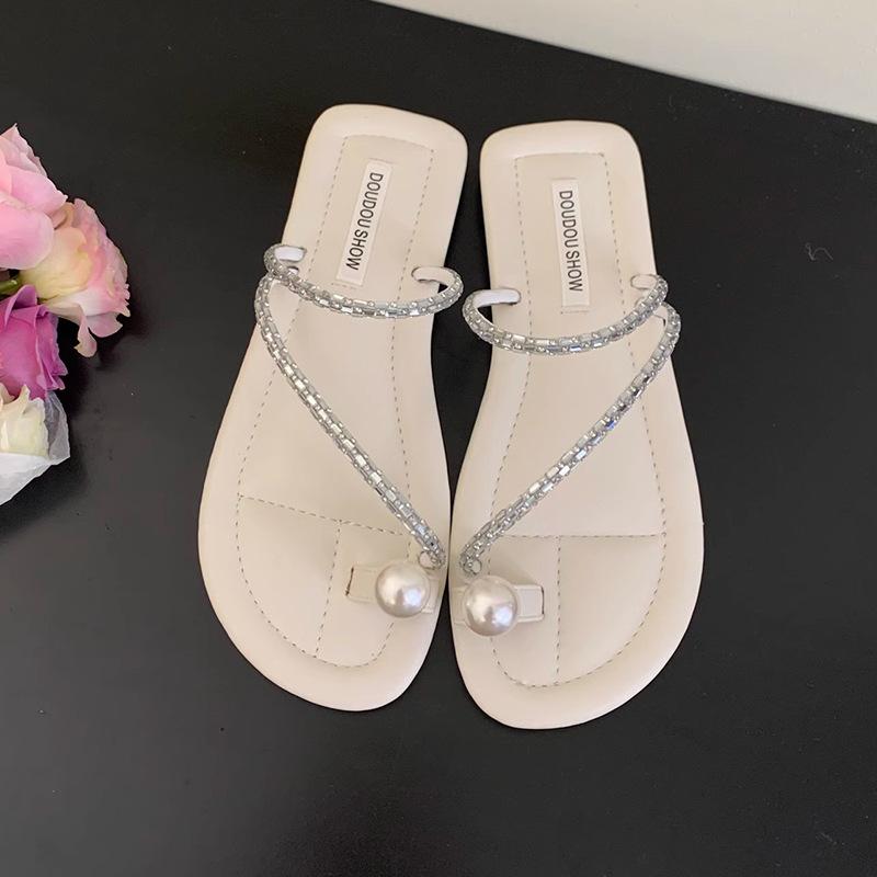 Flat-bottomed Set of Toe Small Cool Slippers Shoes New Summer Soft-soled with Skirt Rhinestone Sandals