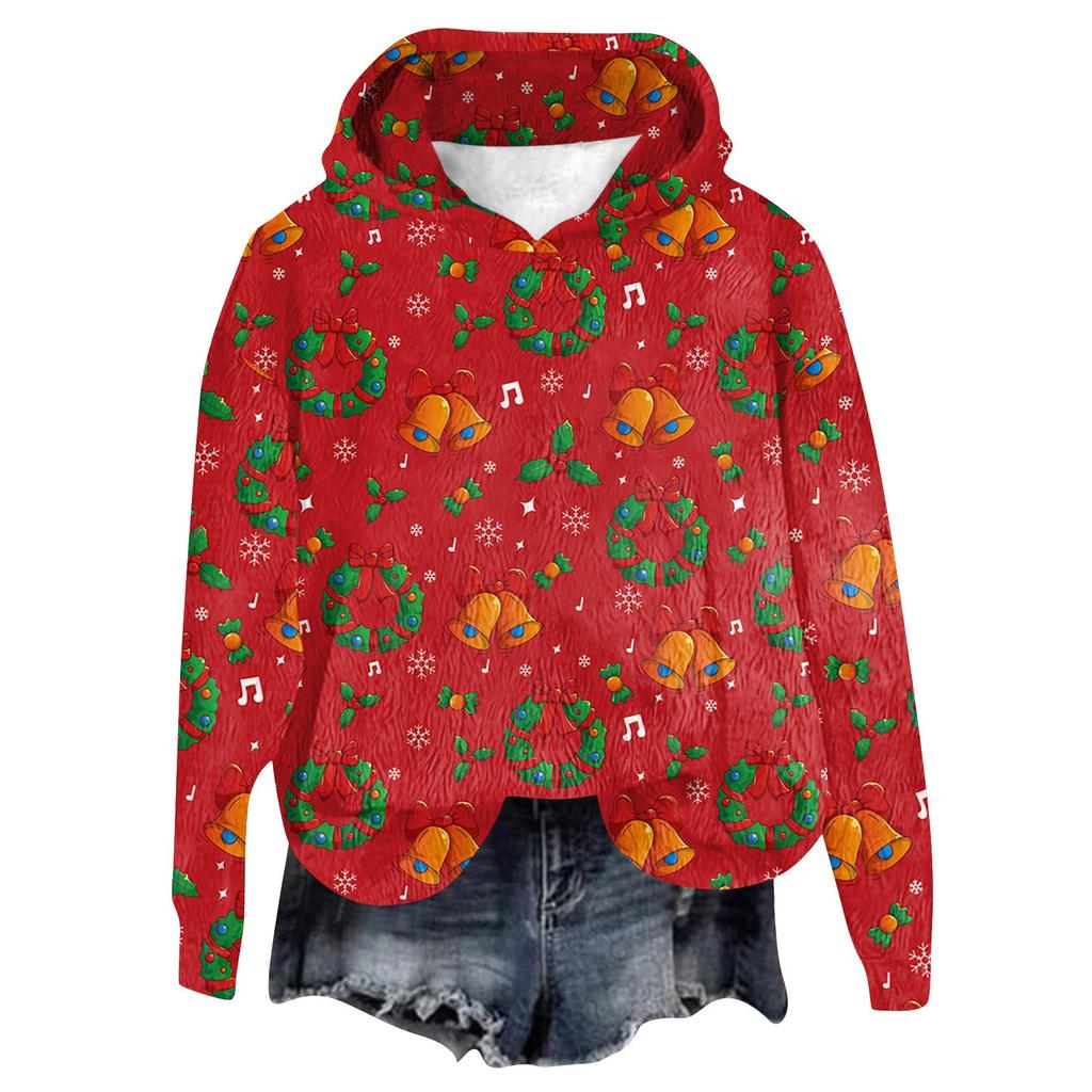 Dames hettegenser langermet juleprintet flanelltopp hettegenser