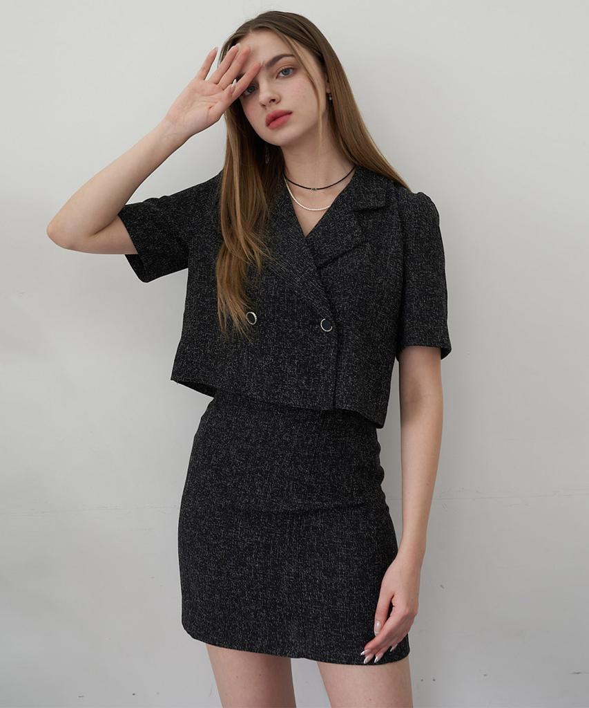 Bye Bye Seop [Set] Tweed Half Jacket + H-Line Mini Skirt Black