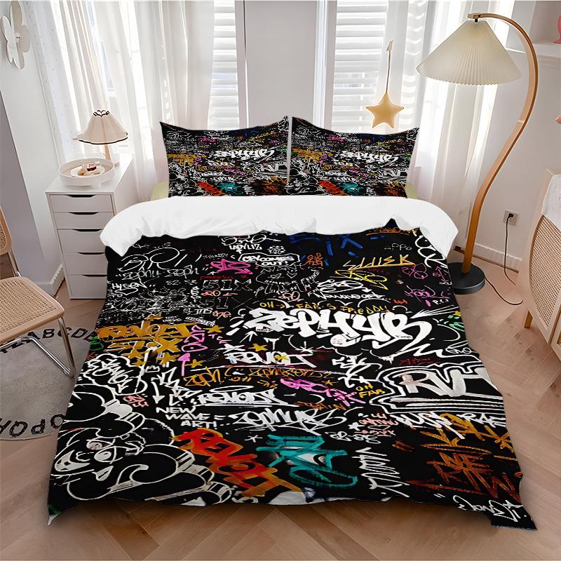 

3pcs Graffiti Wall Art Decor, Includes One Quilt Cover and Two Pillowcases (No Core), Bedroom and Guest Room Decoration, Festive Gift 135x200cm