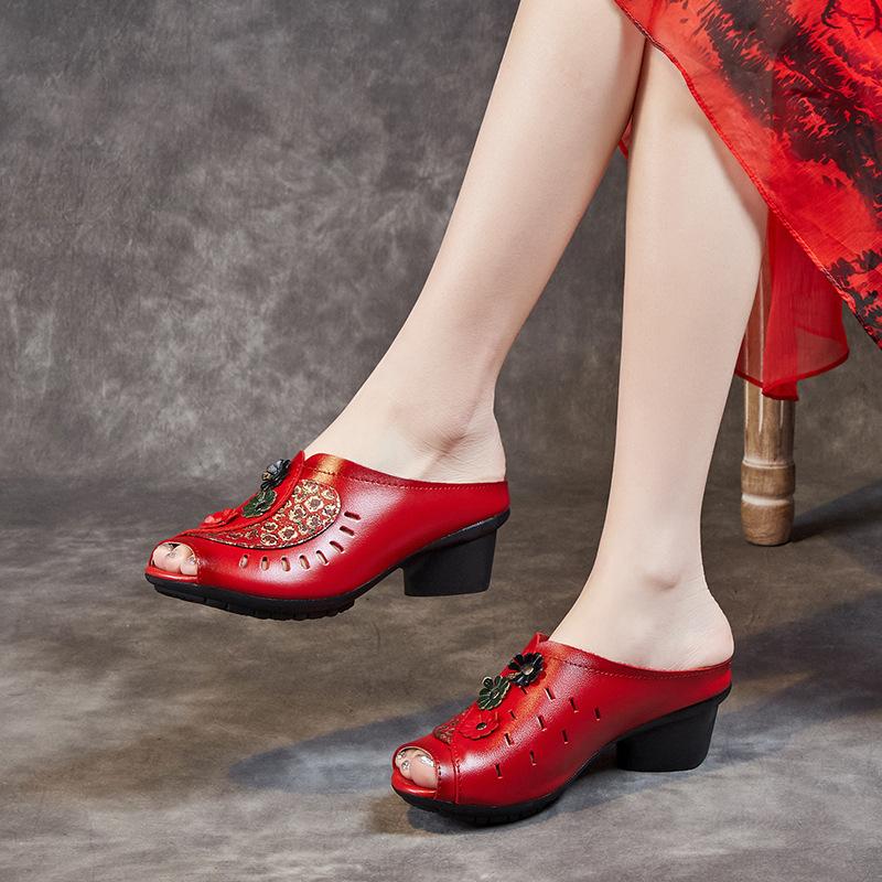 Slippers summer 2025 new first-layer cowhide thick heel soft-soled sandals outer wear ethnic style hollow breathable hole shoes
