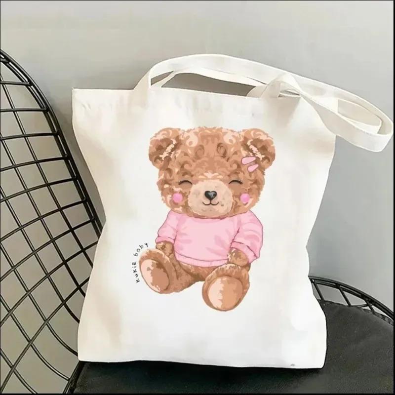 Harajuku Cute Bear Art Shoulder Bags Kawaii Tote Handbag Canvas Girl Environmental Large Capacity Portable Shopping Bag