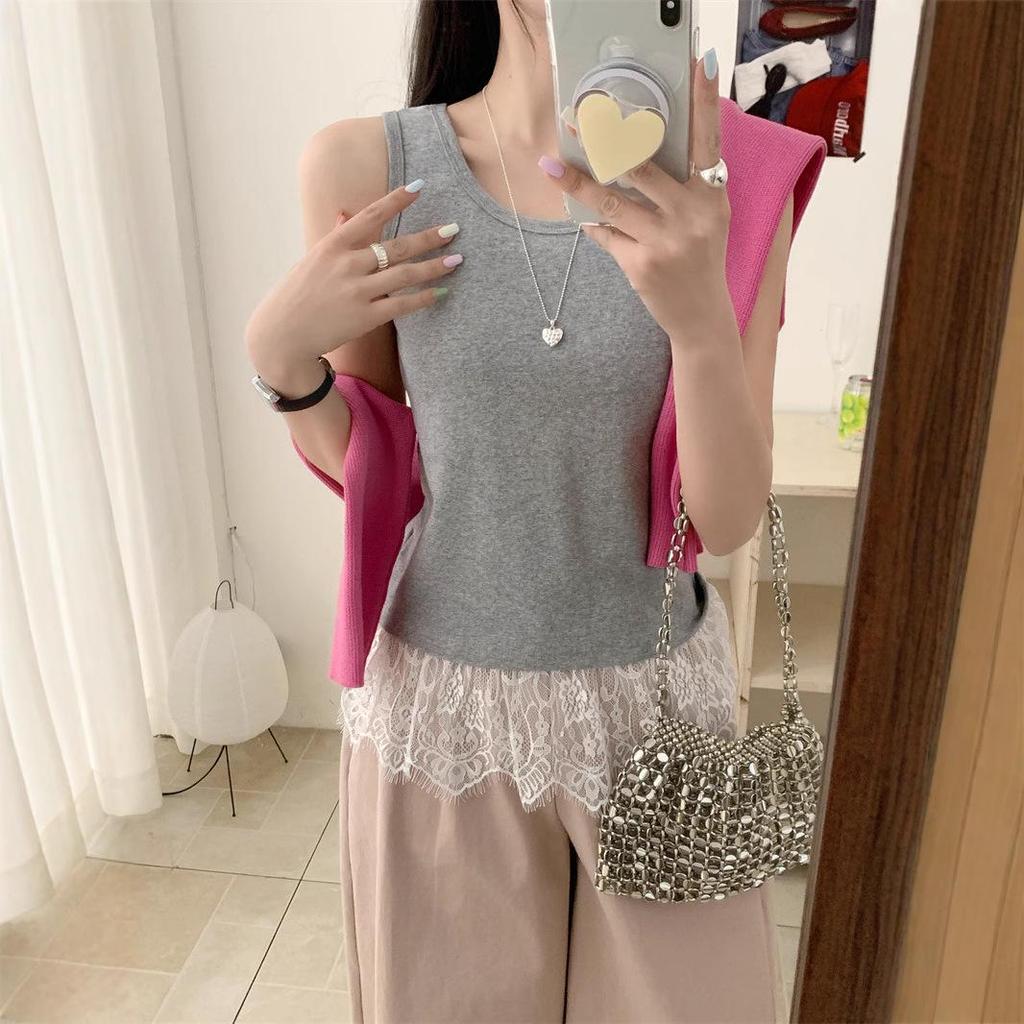 Frühling/Sommer 2025 Damen Ärmelloses Layering-Top mit Spitzensaum