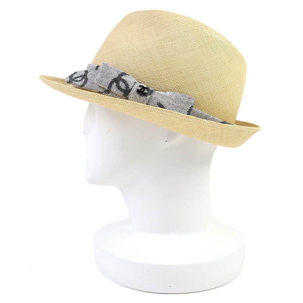 Excellent CHANEL COCO Mark Ribbon Fedora Straw Hat Beige Gray Pile Women M 22S Used