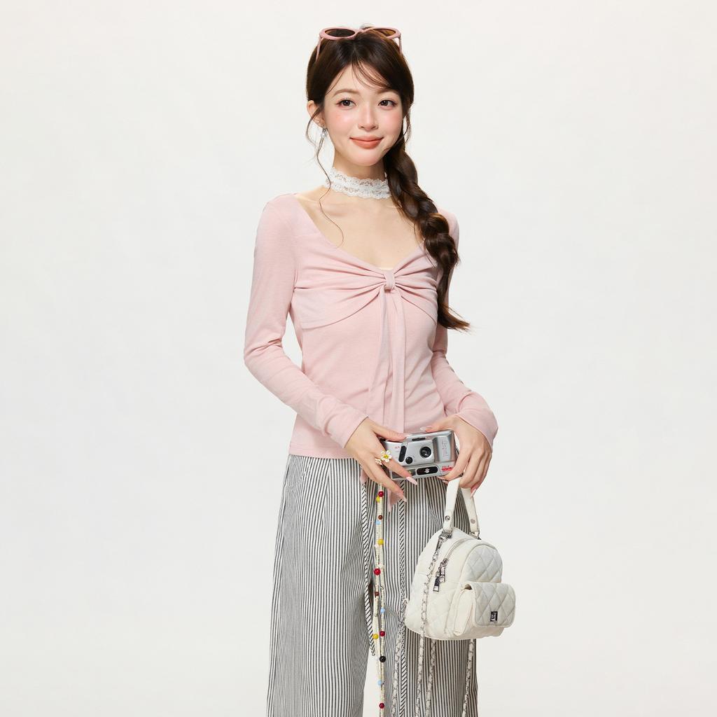 Pure Desire Pink Bow Design Sense V-neck Long-sleeved Knitted Sweater Women's Spring New Waist and Thin Temperament Top