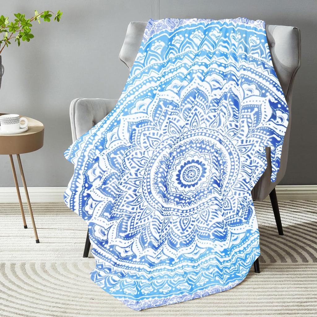 Blue Blanket Bohemian Style Ring 3D Print Comfortable Flannel Blanket for Home Living Room Bedroom Decor Birthday Gift for Adult