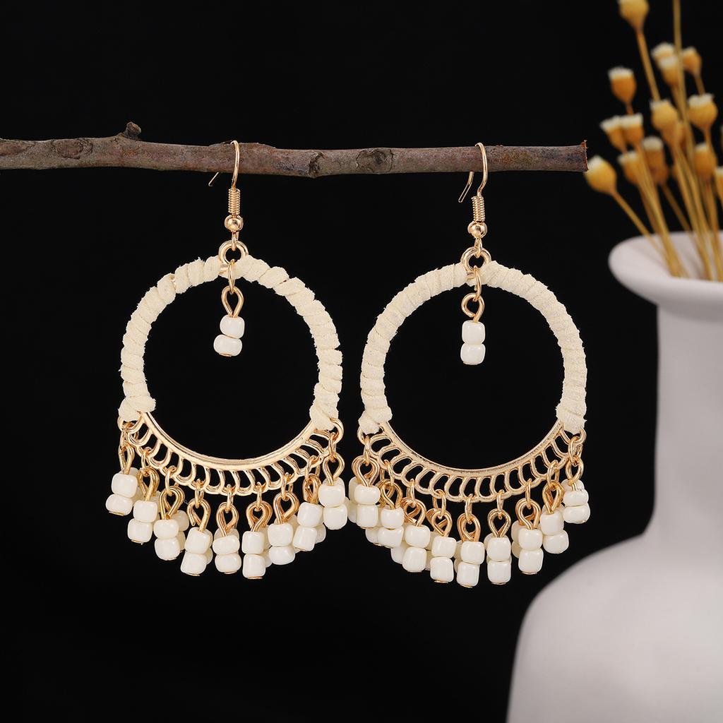 Ethnic Bohemian Geometric Round Earrings, Retro Hand-Woven Small Rice Bead Fringed Earrings