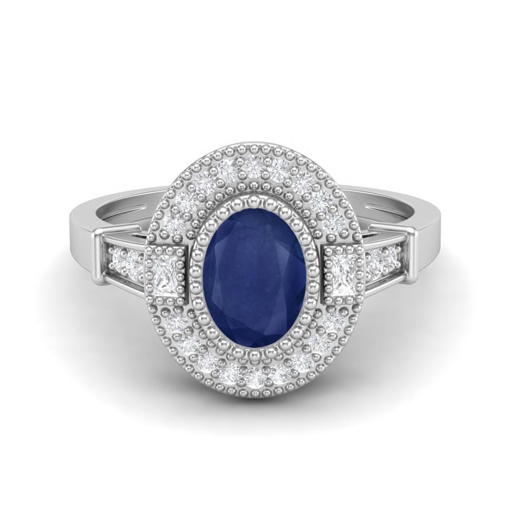 1.46 Ctw Oval Blue Sapphire 925 Sterling Silver Solitaire Halo Women Wedding Ring