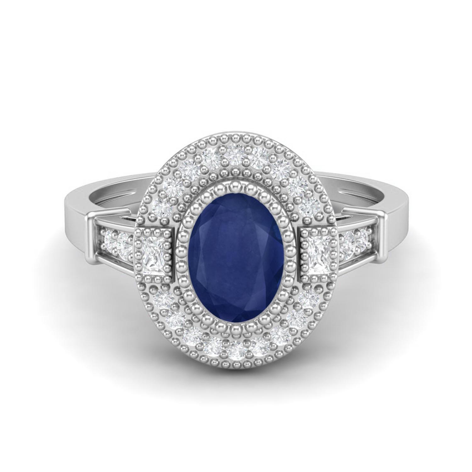 1.46 Ctw Oval Blue Sapphire 925 Sterling Silver Solitaire Halo Women Wedding Ring