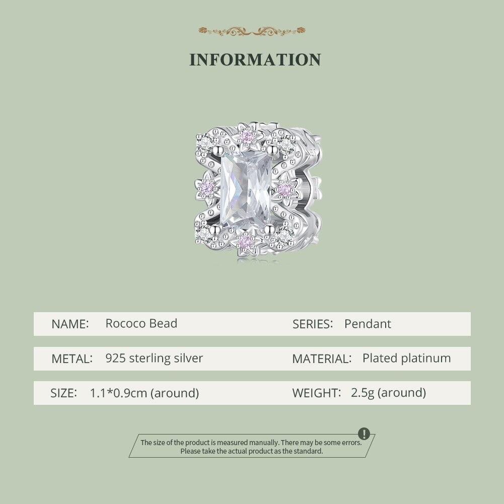BAMOER 925 Sterling Silver Rococo Bead Pink Squre Zircon Flower Charm for Women Original Bracelet and Bangle Fine Jewelry