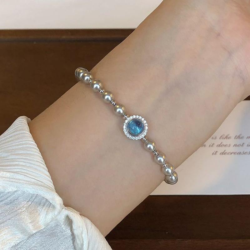 Silver  Inlay Diamond Hemp Grey Round Bead Bangles Aquamarine Sea Blue Zircon Bracelet for Women Exquisite