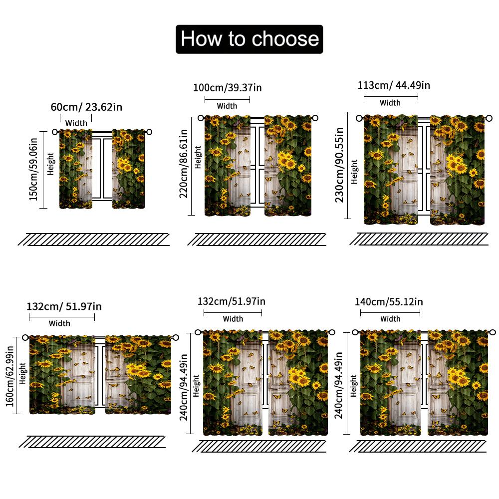 2pcs   spring summer Curtains Sunflower Barn Door Semi-Sheer Curtains Durable 100% Polyester Fabric Versatile All for Grey