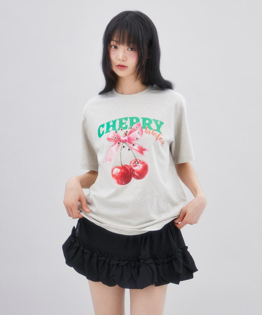 LALAFOX Cherry Heart T-Shirt Printed Short Sleeve T-Shirt Oatmeal Br2Ch015