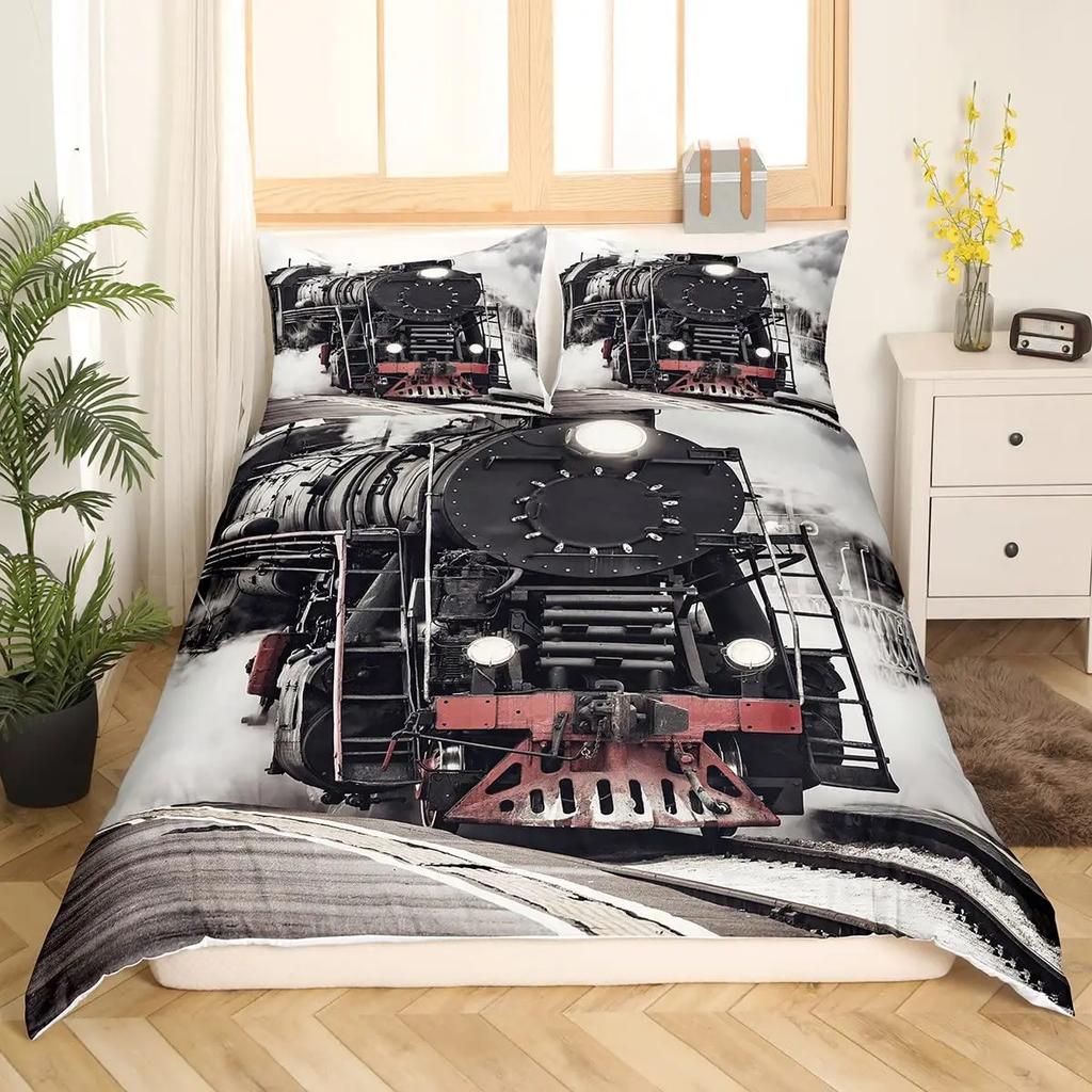 Tog Sengetøy Sett Kjøretøy Dynetrekk for Gutter Barn Tenåringer Soveromsdekor Trykt Dynetrekk Sett