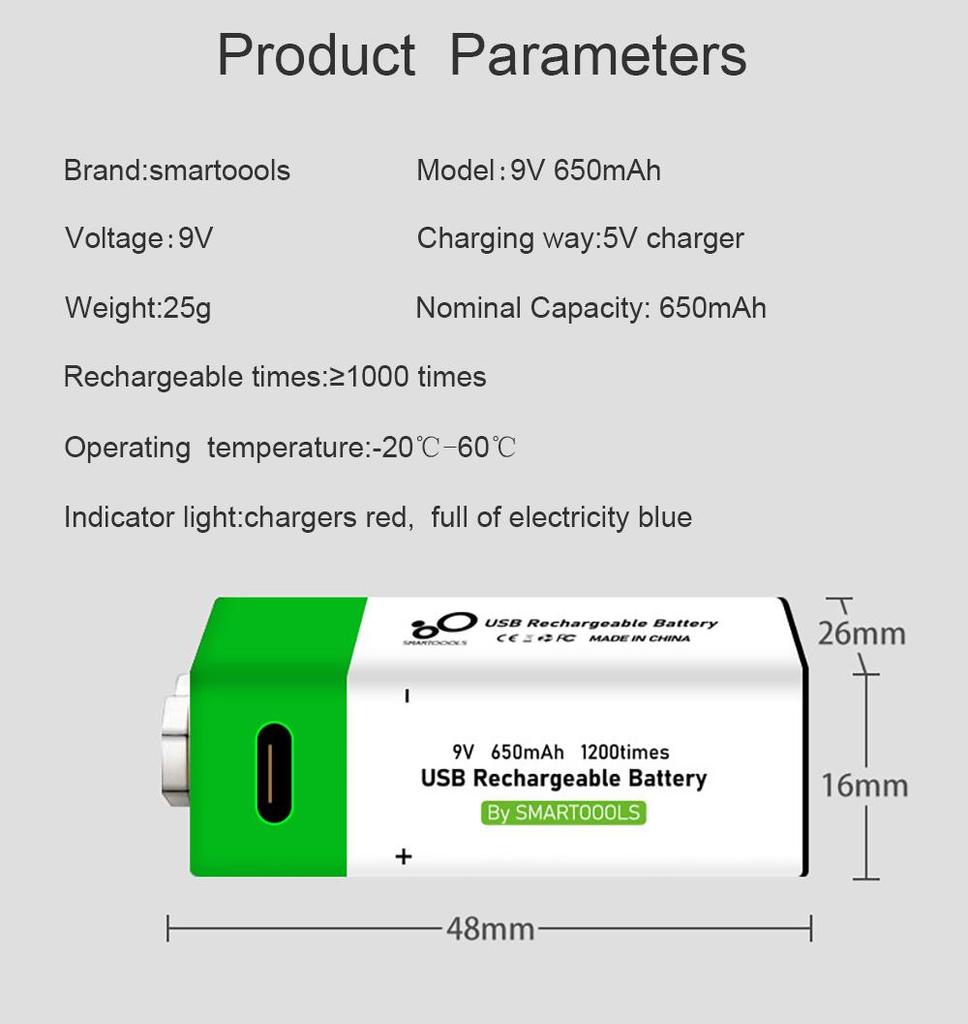 9V 650mAh Lithium Rechargeable Battery USB Charging 9 V Li-ion Square Battery for Toy Remote Control KTV Multimeter Microphone