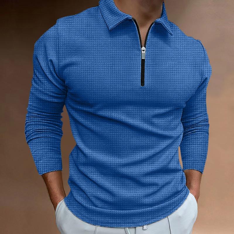 Autumn Waffle Zipper Long Sleeved Polo Shirt Men's T-shirt Top