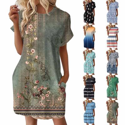 Damenmode Sommer Bedrucktes Lockeres Kurzarm Locker Sitzendes Mittellanges T-Shirt Kleid