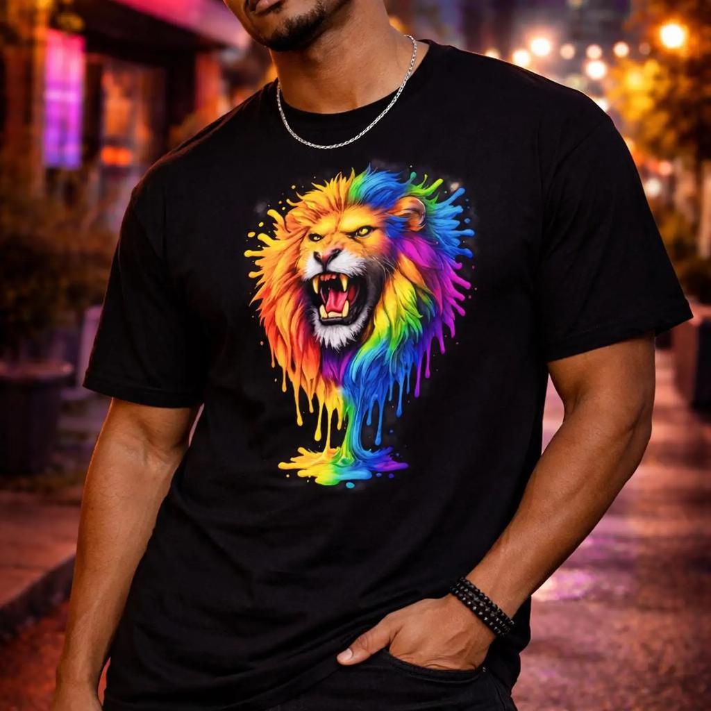 Rainbow Drip Lion T Shirt Heavyweight Streetwear Comfortable Unisex graphic Stretched streetw