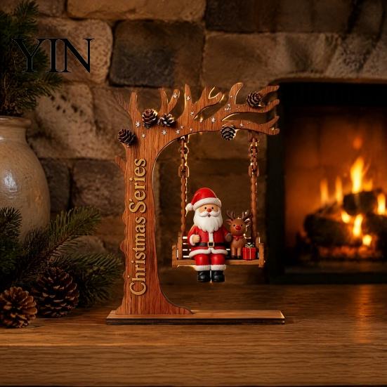 Rustic Christmas Home Accents Wooden Swing Ornament with Santa Claus/Bear for Christmas, Tabletop Artisanal Wood Decor Claus Figurine Living